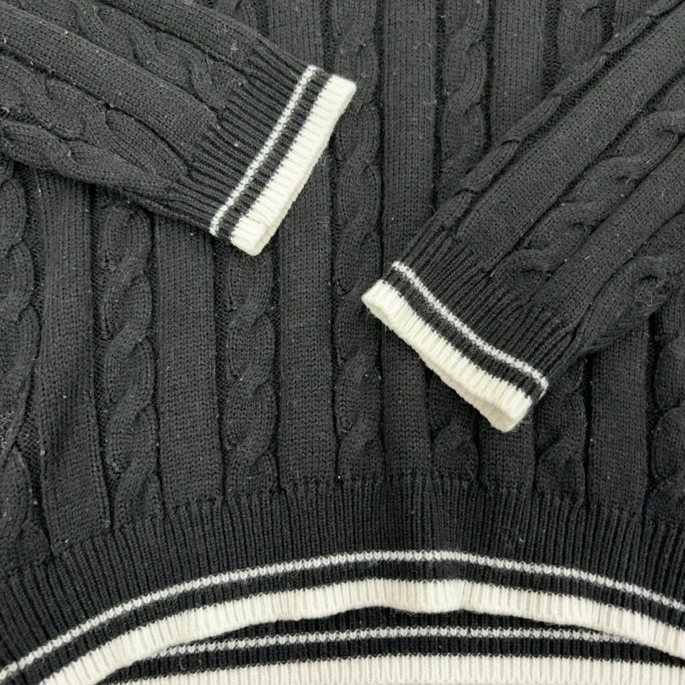 Vintage Polo Ralph Lauren Sweater Mens Black Cotton Cable Knit V-Neck Preppy